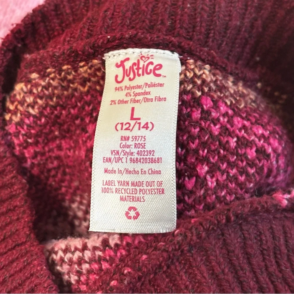 Justice Knit Fairisle Sweater Burgundy Rose Pink Size Large 12/14